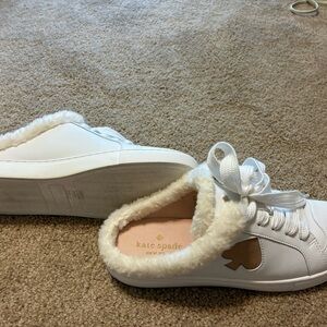 kate spade White Leather Sneakers with Cream Fur Trim and Gold Spade Detail